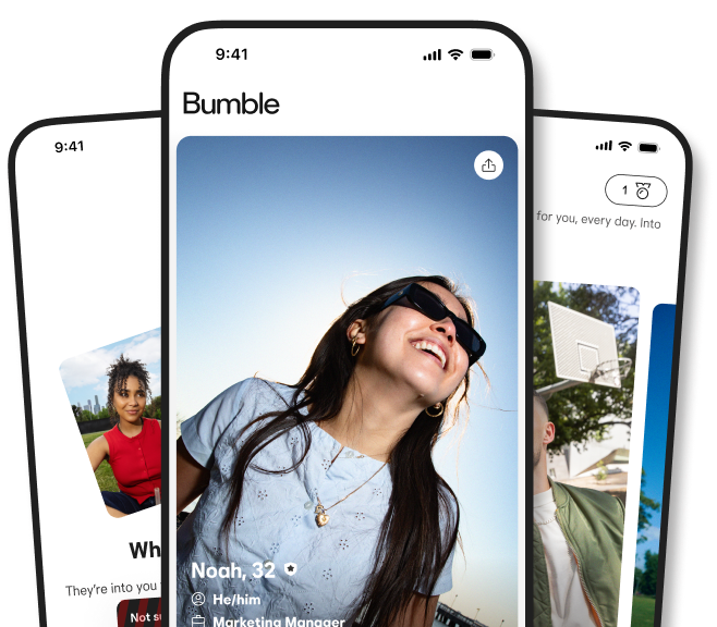 3 mobile phone screens showing the Bumble app